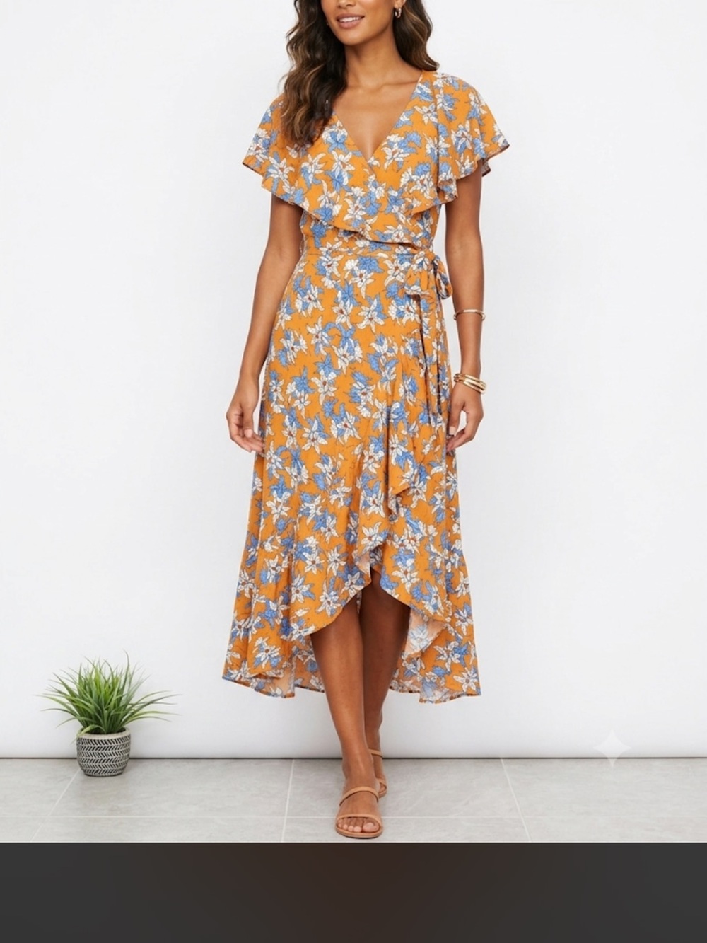 INA Size L color PERSIMMON Floral Wrap Midi Dress